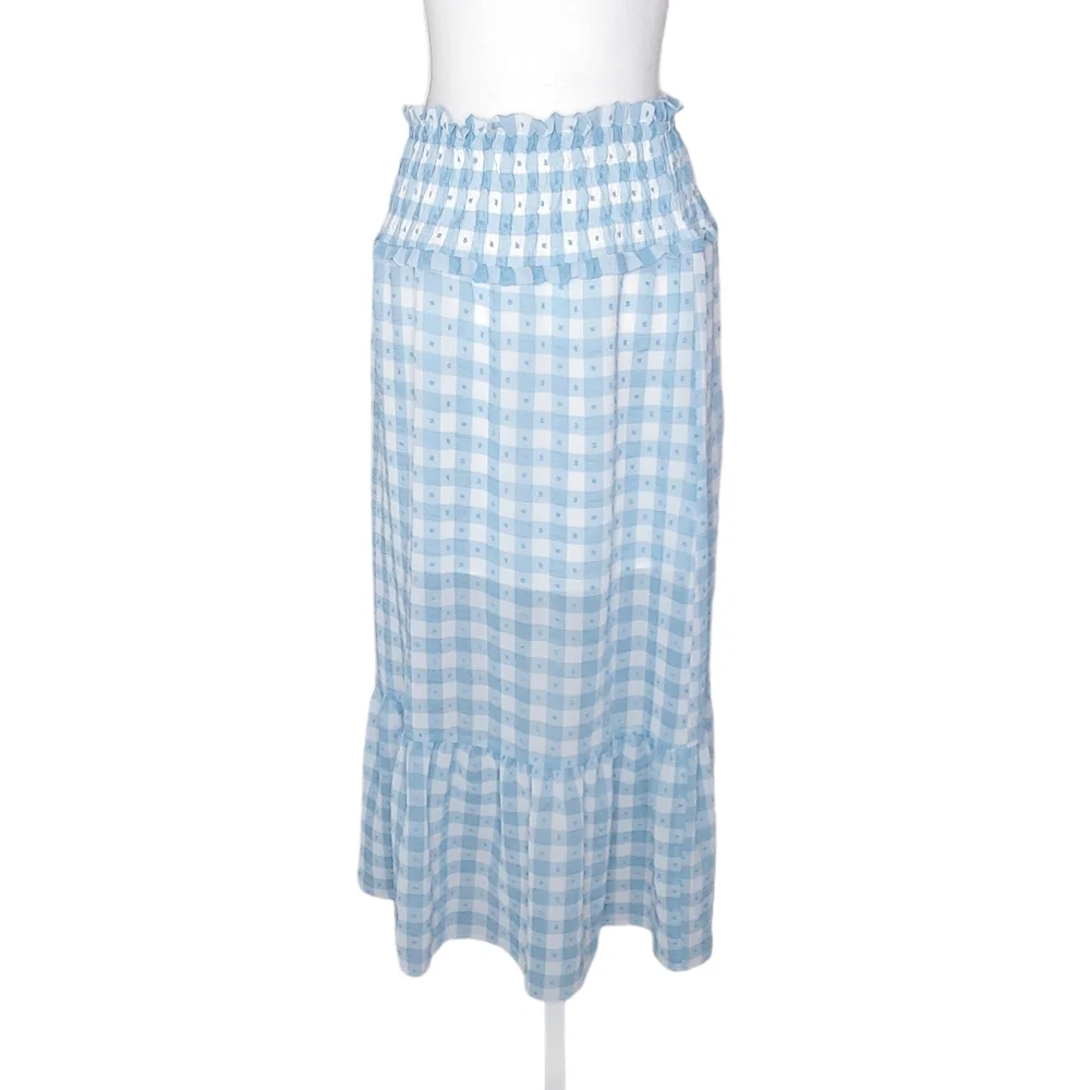 TOPSHOP Gingham Smocked Tiered Midi Skirt SZ 8‎